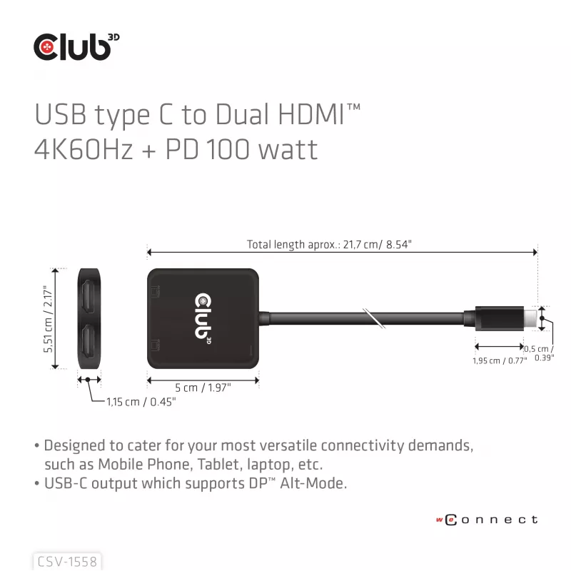 CLUB3D USB-C®-hub naar dual HDMI™ 4K60Hz M/F+PD3.0 100 W