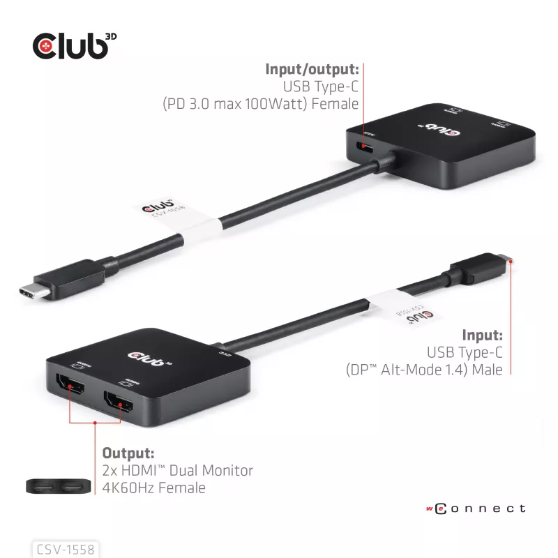 CLUB3D USB-C®-hub naar dual HDMI™ 4K60Hz M/F+PD3.0 100 W
