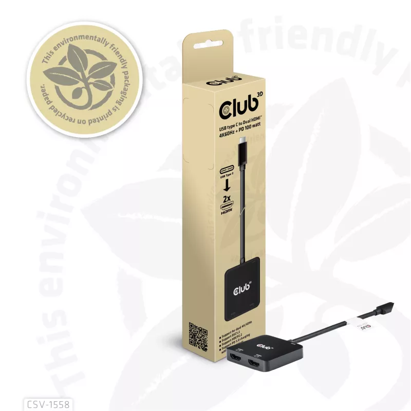 CLUB3D USB-C®-hub naar dual HDMI™ 4K60Hz M/F+PD3.0 100 W