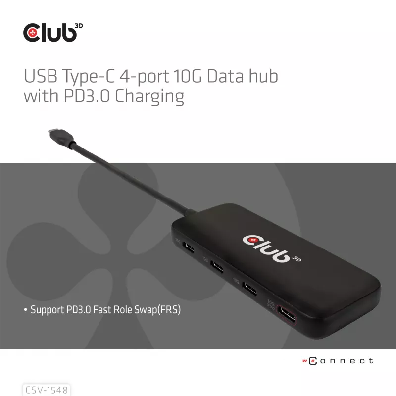 Club3D CSV-1548 USB-C-hub, 4x USB-C 10 Gbps, 100W PD, zwart