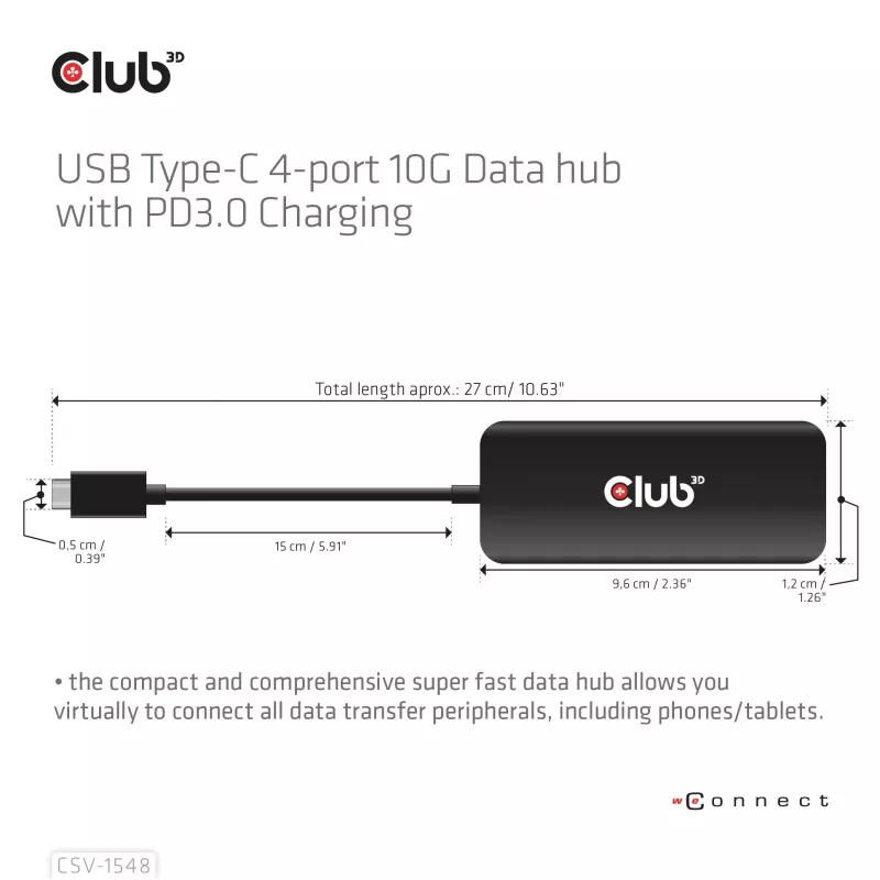 Club3D CSV-1548 USB-C-hub, 4x USB-C 10 Gbps, 100W PD, zwart
