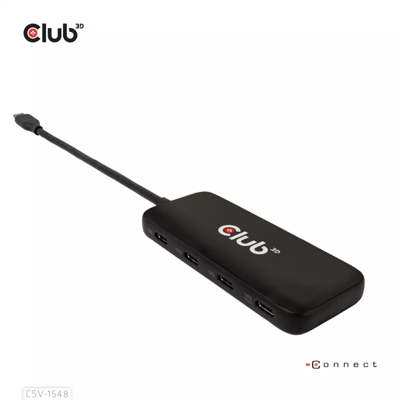 Club3D CSV-1548 USB-C-hub, 4x USB-C 10 Gbps, 100W PD, zwart