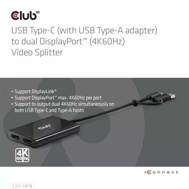 Videosplitter Club 3D CSV-1478 USB Type-C (met USB-A-adapter) naar dual DisplayPort 4K60Hz, zwart
