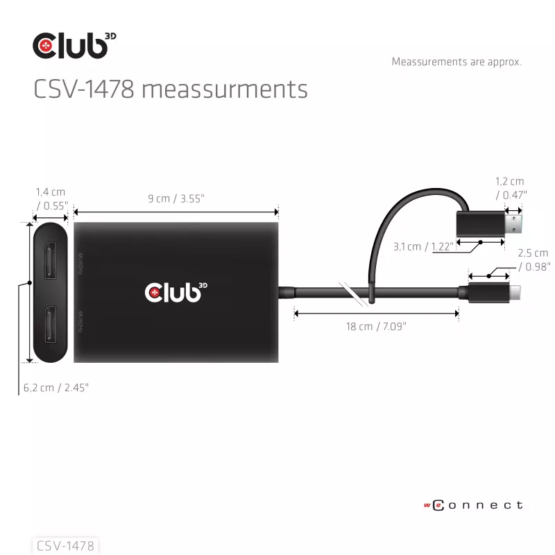 Videosplitter Club 3D CSV-1478 USB Type-C (met USB-A-adapter) naar dual DisplayPort 4K60Hz, zwart