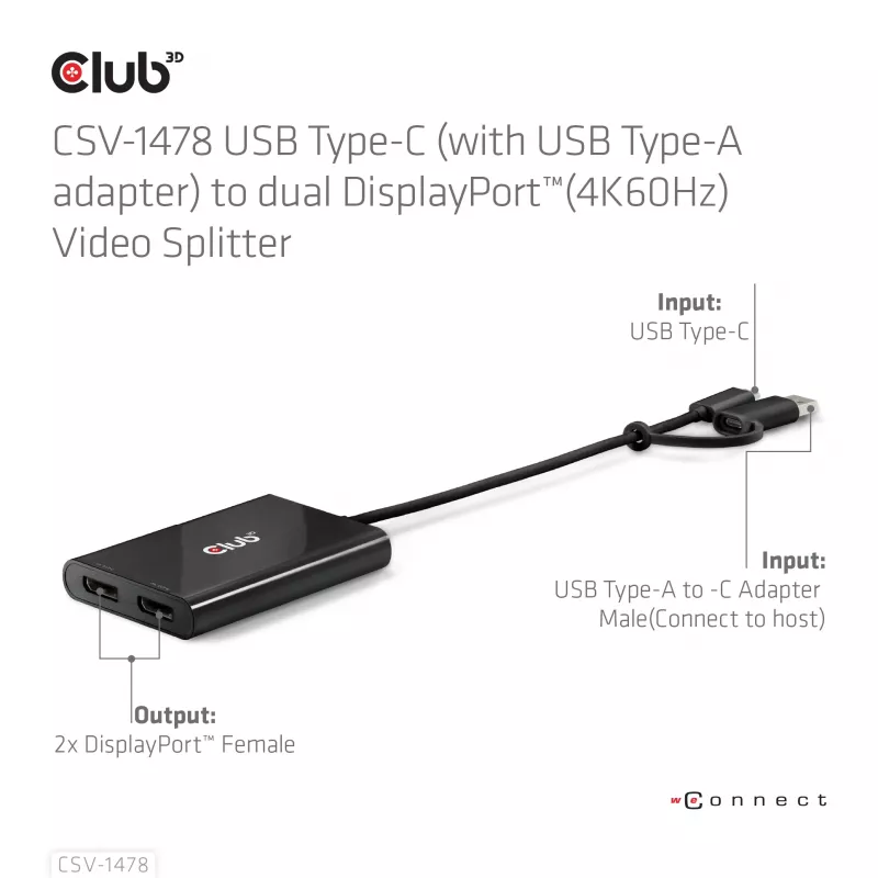 Videosplitter Club 3D CSV-1478 USB Type-C (met USB-A-adapter) naar dual DisplayPort 4K60Hz, zwart