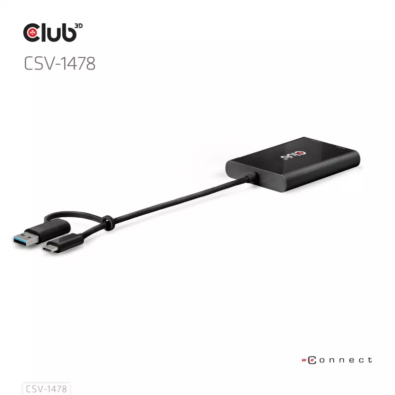 Videosplitter Club 3D CSV-1478 USB Type-C (met USB-A-adapter) naar dual DisplayPort 4K60Hz, zwart