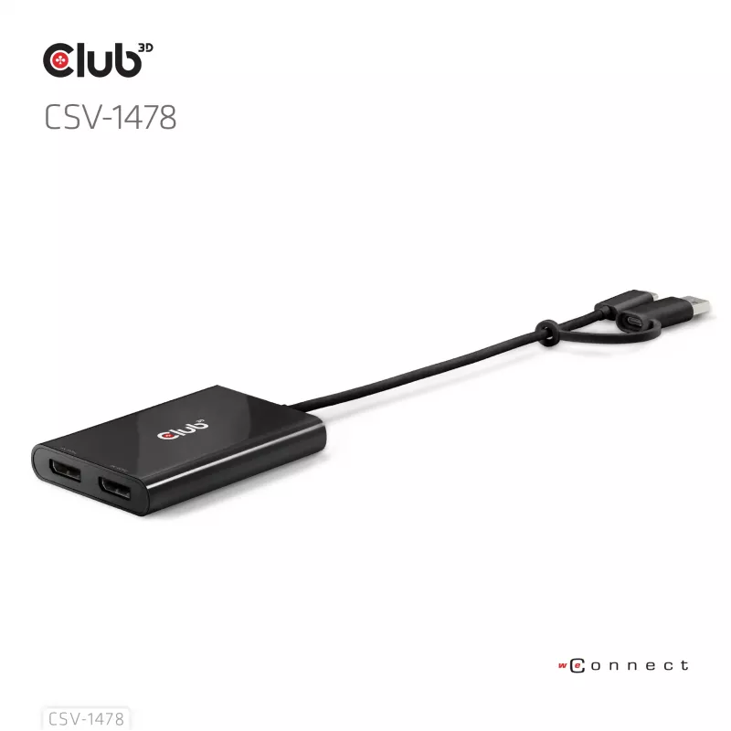 Videosplitter Club 3D CSV-1478 USB Type-C (met USB-A-adapter) naar dual DisplayPort 4K60Hz, zwart