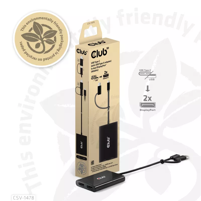Videosplitter Club 3D CSV-1478 USB Type-C (met USB-A-adapter) naar dual DisplayPort 4K60Hz, zwart