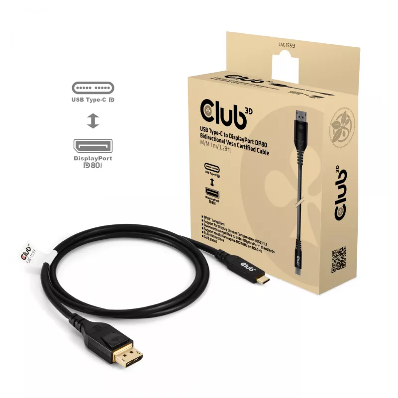 USB Type-C-naar-DisplayPort-2.1-kabel, Club 3D CAC-1559, bidirectioneel, VESA DP80-gecertificeerd, 1 m
