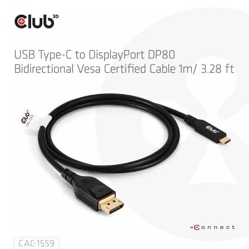 USB Type-C-naar-DisplayPort-2.1-kabel, Club 3D CAC-1559, bidirectioneel, VESA DP80-gecertificeerd, 1 m