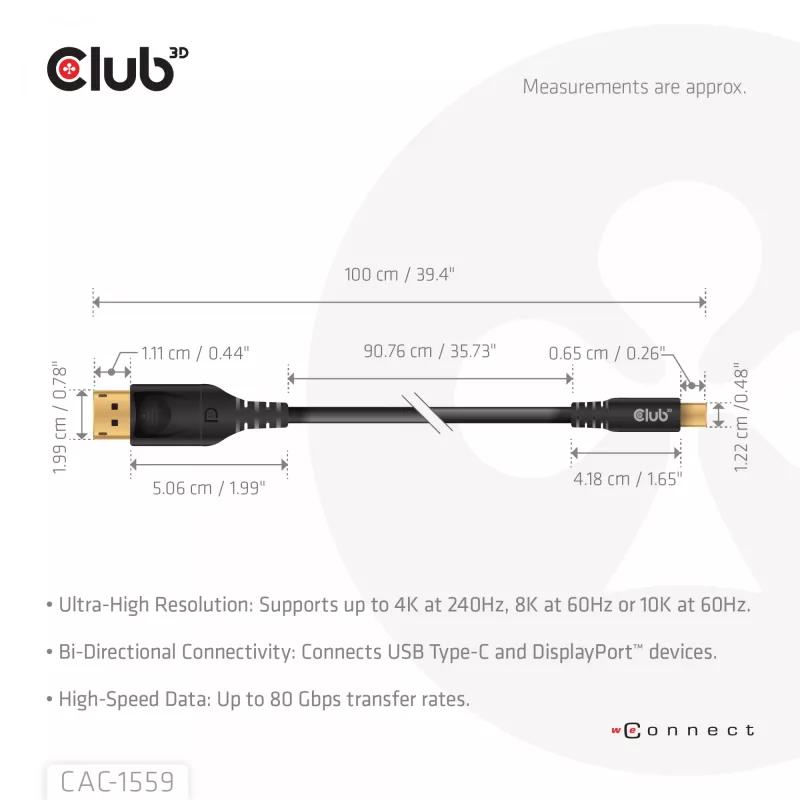 USB Type-C-naar-DisplayPort-2.1-kabel, Club 3D CAC-1559, bidirectioneel, VESA DP80-gecertificeerd, 1 m