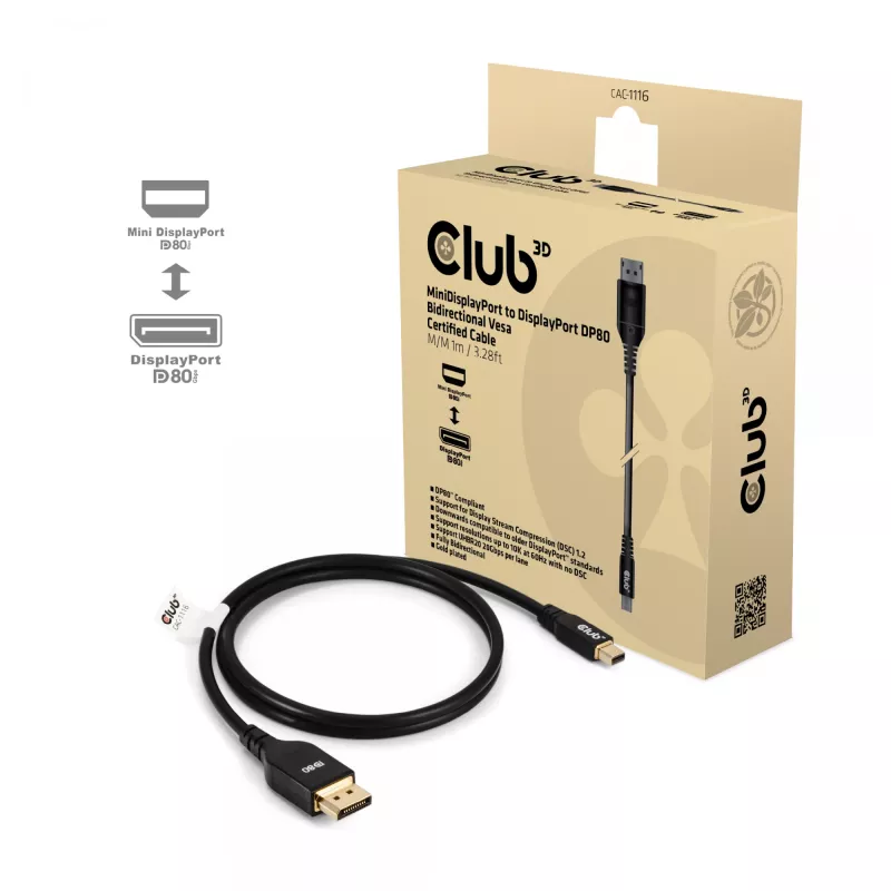 CLUB3D Mini DisplayPort™ naar DisplayPort™ bidirectionele VESA DP80 gecertificeerde kabel M/M 1m/3.28ft