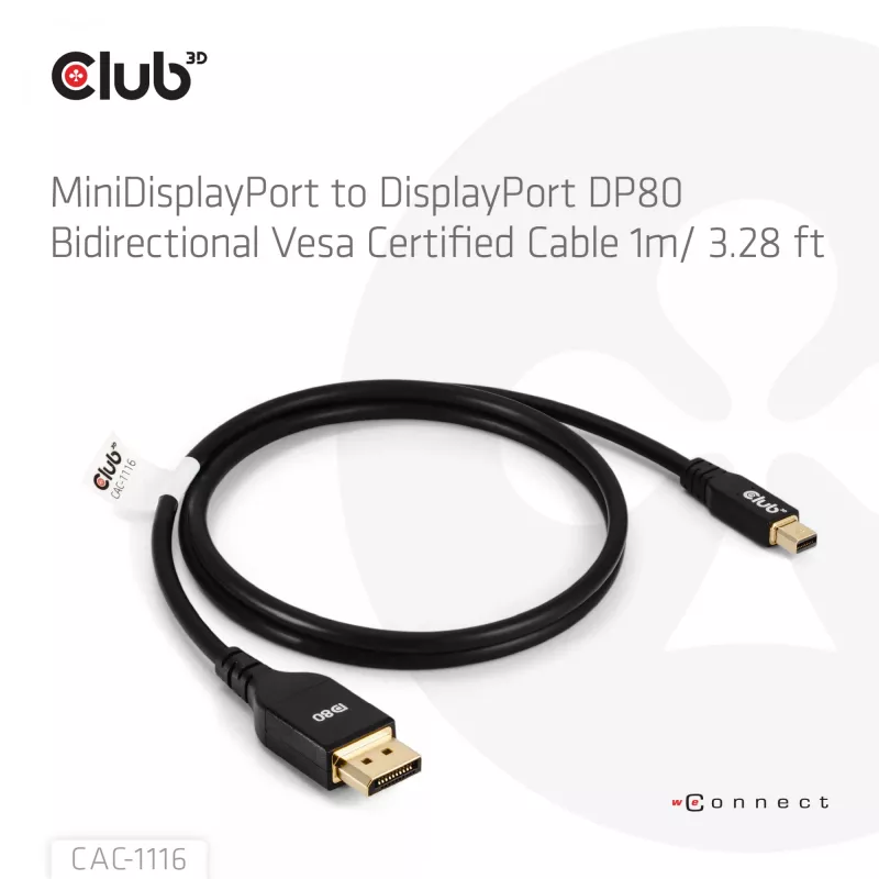 CLUB3D Mini DisplayPort™ naar DisplayPort™ bidirectionele VESA DP80 gecertificeerde kabel M/M 1m/3.28ft