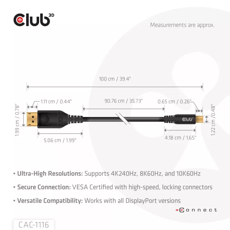 CLUB3D Mini DisplayPort™ naar DisplayPort™ bidirectionele VESA DP80 gecertificeerde kabel M/M 1m/3.28ft