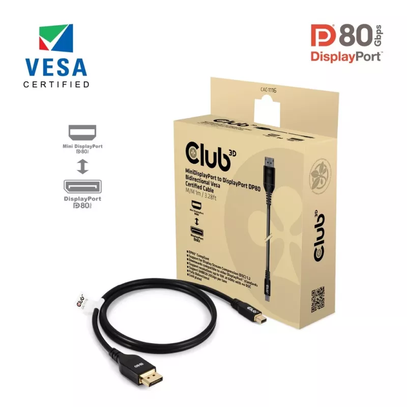 CLUB3D Mini DisplayPort™ naar DisplayPort™ bidirectionele VESA DP80 gecertificeerde kabel M/M 1m/3.28ft