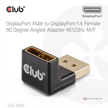 Adapter club 3D DisplayPort stekker naar DisplayPort 1.4 bus 90° haaks, ondersteunt 4K@120Hz