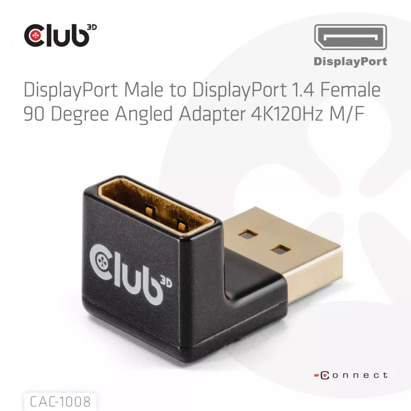 Adapter club 3D DisplayPort stekker naar DisplayPort 1.4 bus 90° haaks, ondersteunt 4K@120Hz
