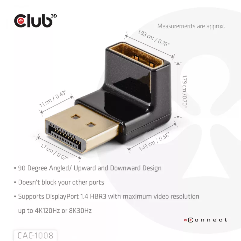 Adapter club 3D DisplayPort stekker naar DisplayPort 1.4 bus 90° haaks, ondersteunt 4K@120Hz