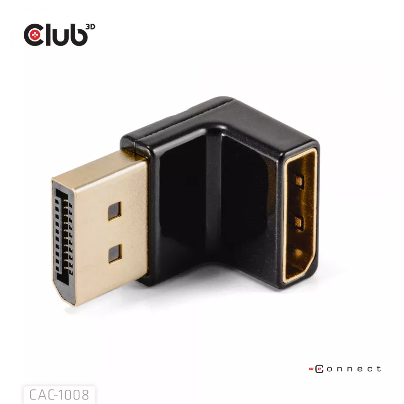Adapter club 3D DisplayPort stekker naar DisplayPort 1.4 bus 90° haaks, ondersteunt 4K@120Hz