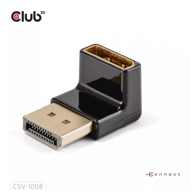 Adapter club 3D DisplayPort stekker naar DisplayPort 1.4 bus 90° haaks, ondersteunt 4K@120Hz