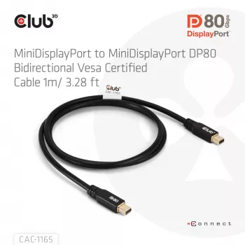 CLUB3D MiniDisplayPort™ naar MiniDisplayPort bidirectionele VESA DP80 gecertificeerde kabel M/M 1m/3,28ft