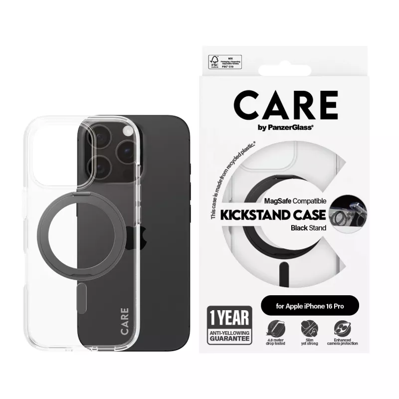 PanzerGlass CARE™ by ® Case transparant met zwarte kickstand & MagSafe iPhone 16 Pro