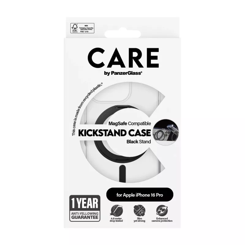 PanzerGlass CARE™ by ® Case transparant met zwarte kickstand & MagSafe iPhone 16 Pro