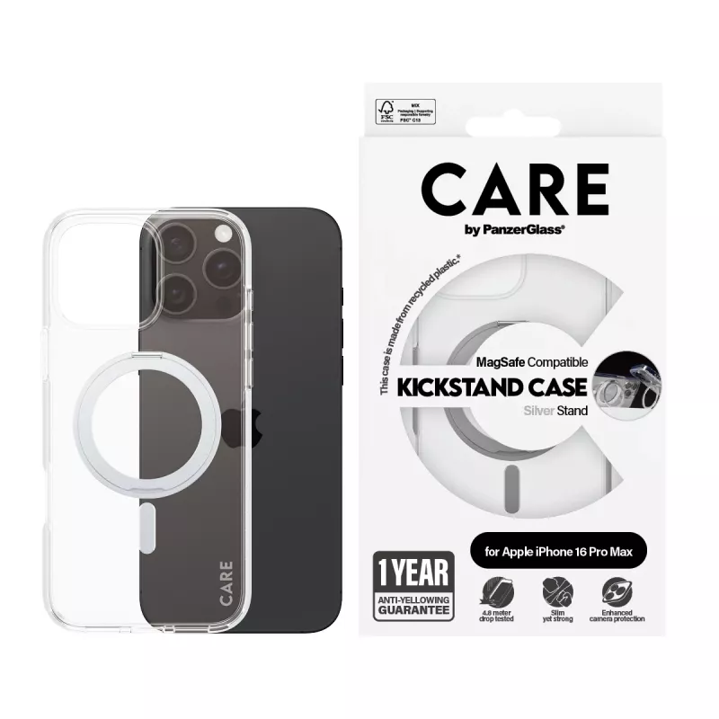 PanzerGlass CARE™ by ® Case transparant met zilveren kickstand & MagSafe iPhone 16 Pro Max