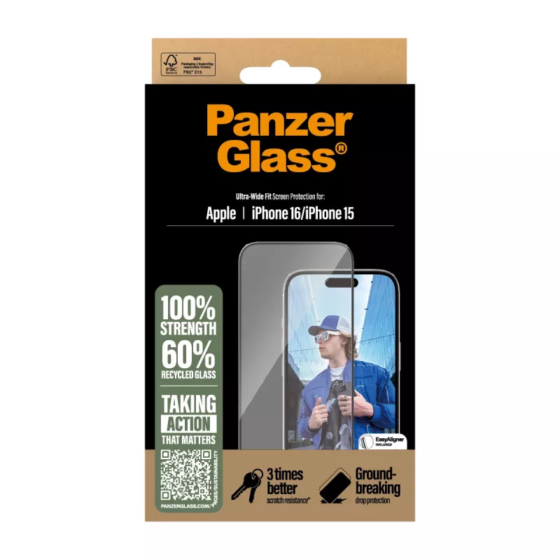 PanzerGlass ® beeldschermbeschermfolie iPhone 16 | 15 | Ultra-Wide Fit