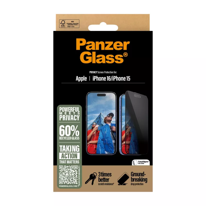 PanzerGlass® Privacy Screen Protector iPhone 16 | 15 | Ultra-Wide Fit met EasyAligner