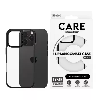 PanzerGlass CARE™ by ® Urban Combat hoes transparant met zwarte rand voor iPhone 16 Pro