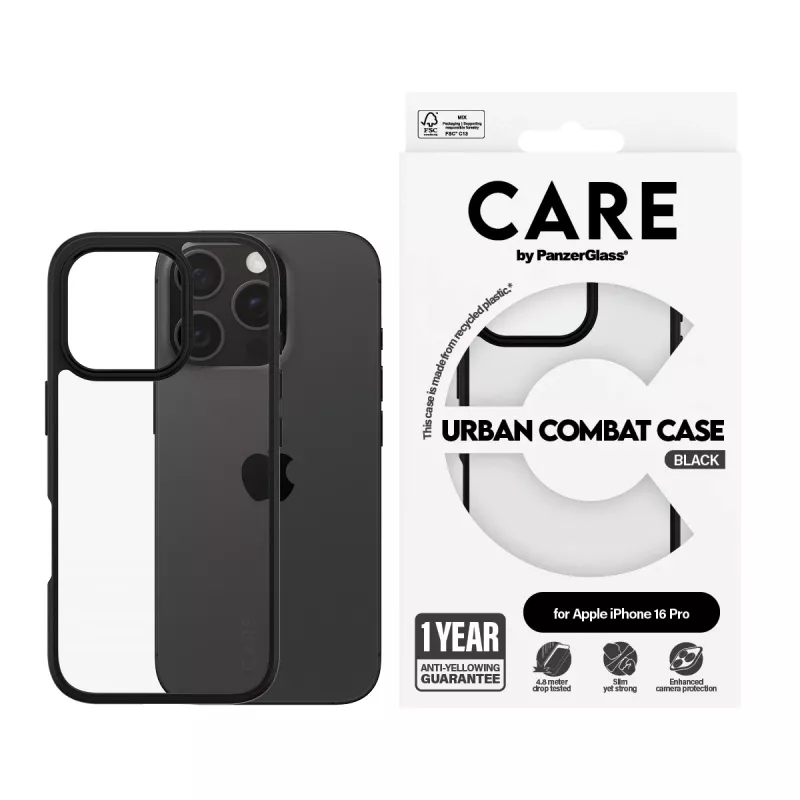 PanzerGlass CARE™ by ® Urban Combat hoes transparant met zwarte rand voor iPhone 16 Pro