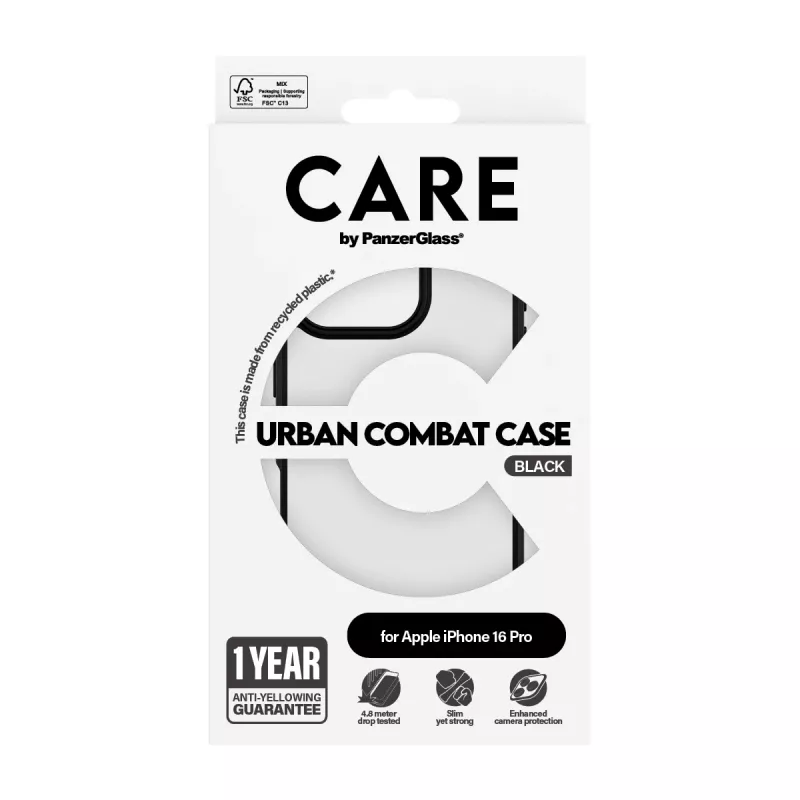 PanzerGlass CARE™ by ® Urban Combat hoes transparant met zwarte rand voor iPhone 16 Pro