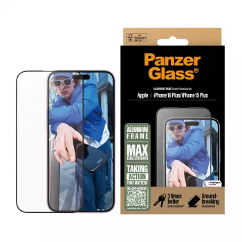 PanzerGlass® beeldschermbescherming aluminium frame iPhone 16 Plus | 15 Plus | Ultra-Wide Fit