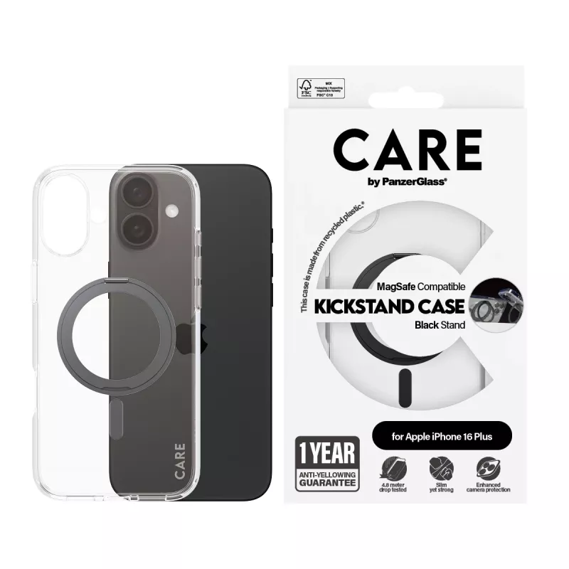 PanzerGlass CARE™ by ® Case transparant met zwarte kickstand & MagSafe iPhone 16 Plus