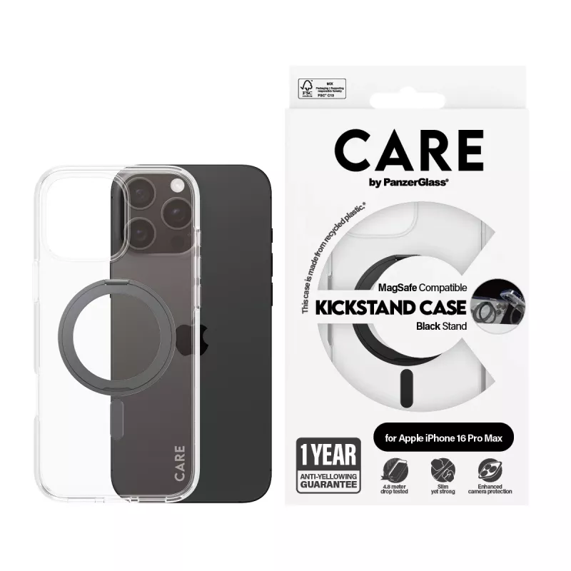 PanzerGlass CARE™ by ® case transparant met zwarte kickstand & MagSafe voor iPhone 16 Pro Max