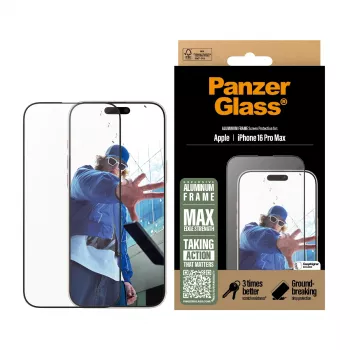 PanzerGlass® beeldschermfolie aluminium frame iPhone 16 Pro Max | Ultra-Wide Fit