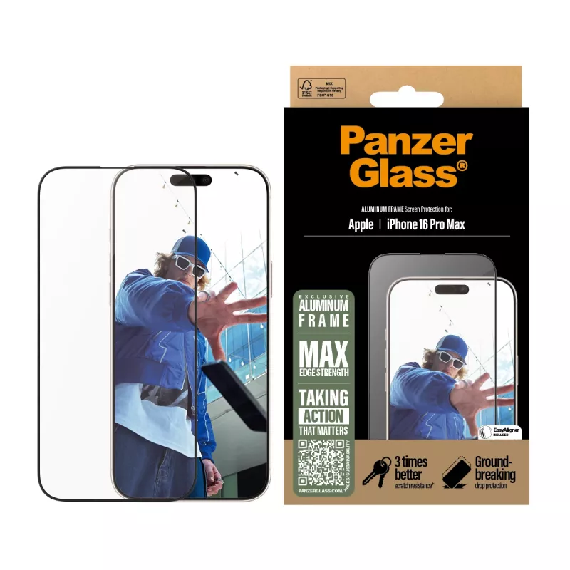 PanzerGlass® beeldschermfolie aluminium frame iPhone 16 Pro Max | Ultra-Wide Fit