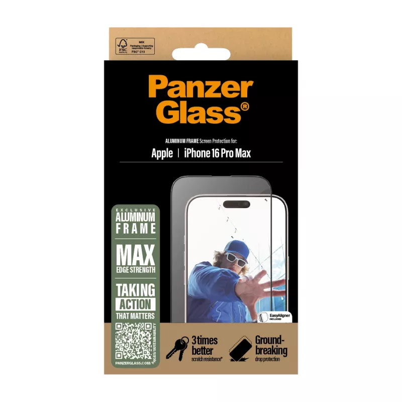 PanzerGlass® beeldschermfolie aluminium frame iPhone 16 Pro Max | Ultra-Wide Fit