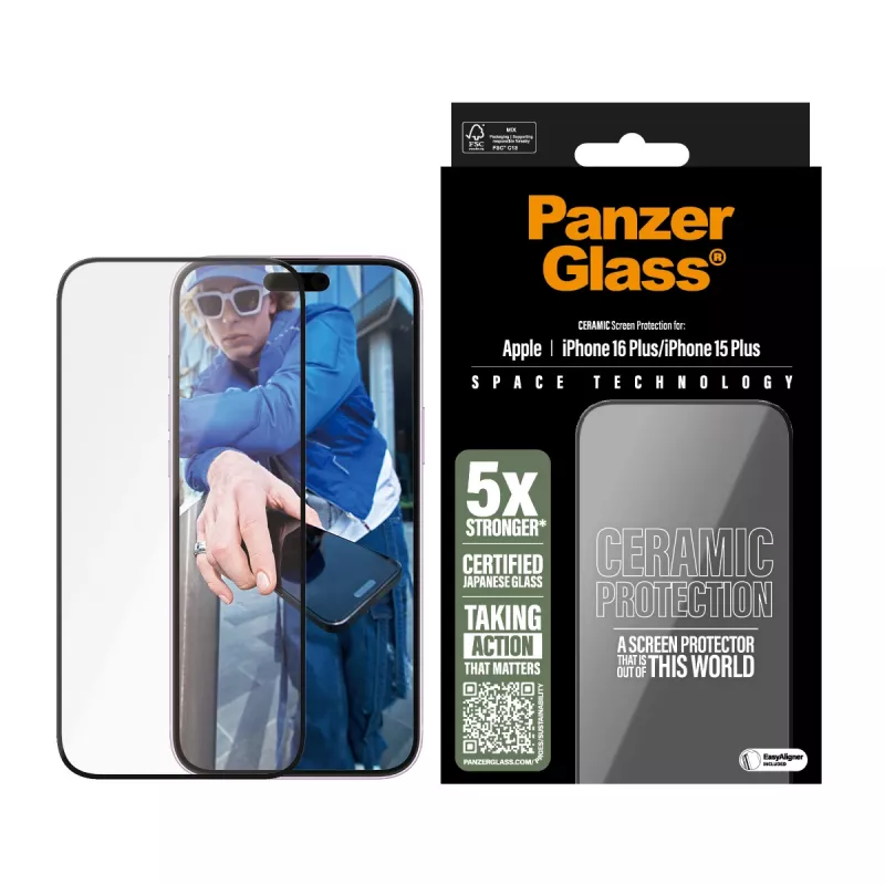 PanzerGlass ® keramische displayschermfolie voor iPhone 16 Plus | 15 Plus | Ultra-Wide Fit met EasyAligner