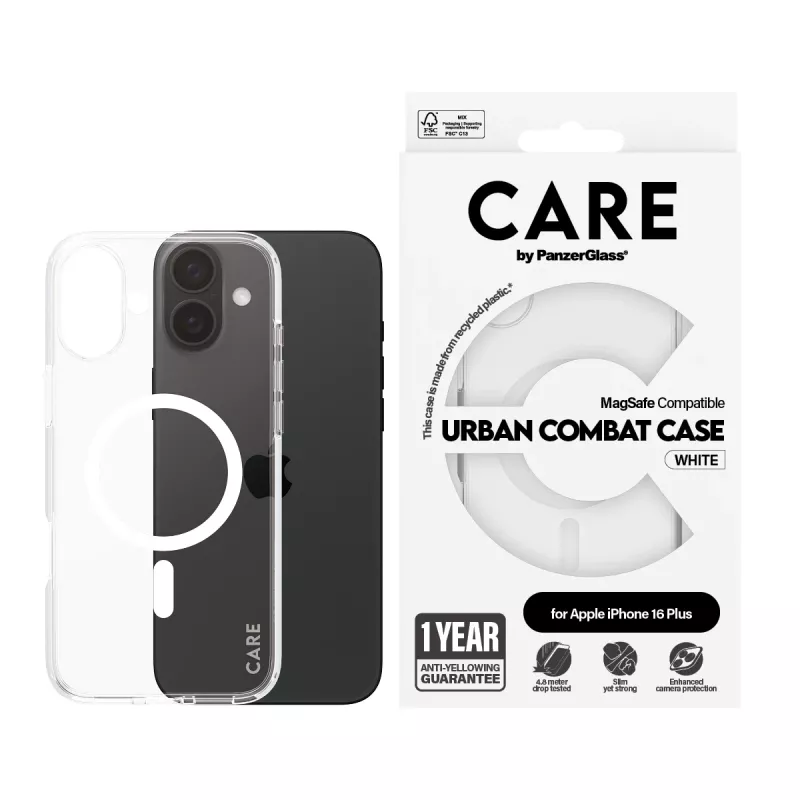 PanzerGlass CARE™ by ® Urban Combat Case transparant met witte MagSafe iPhone 16 Plus