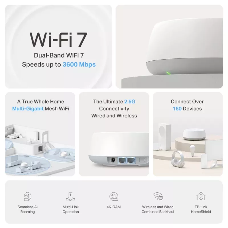TP-Link BE3600 Whole Home Mesh Wi-Fi 7 systeem, 2.5G Multi Gigabit