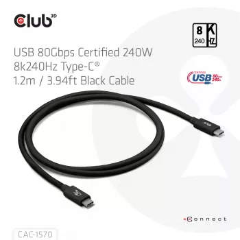 USB Type-C-kabel CLUB3D CAC-1570 1,2m — 80Gbps, 240W, ondersteunt 8K@240Hz, zwart