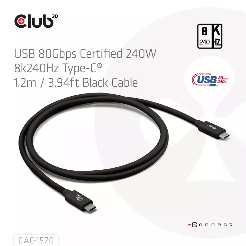 USB Type-C-kabel CLUB3D CAC-1570 1,2m — 80Gbps, 240W, ondersteunt 8K@240Hz, zwart
