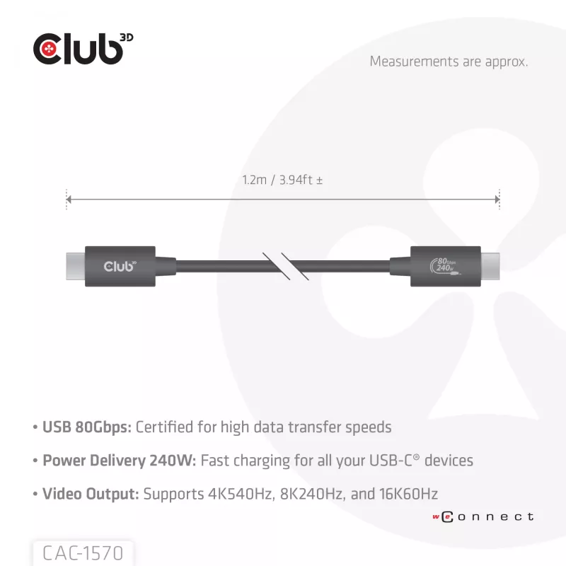 USB Type-C-kabel CLUB3D CAC-1570 1,2m — 80Gbps, 240W, ondersteunt 8K@240Hz, zwart