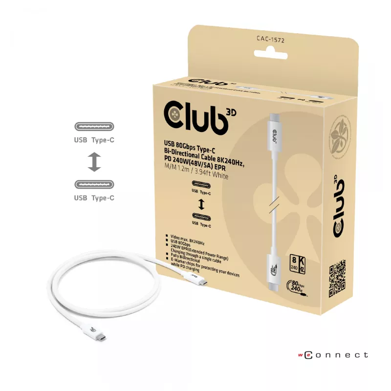 Club3D CAC-1572 USB 80 Gbps-gecertificeerde kabel, USB-C naar USB-C, 240 W PD, 8K240Hz, 1,2 m, wit