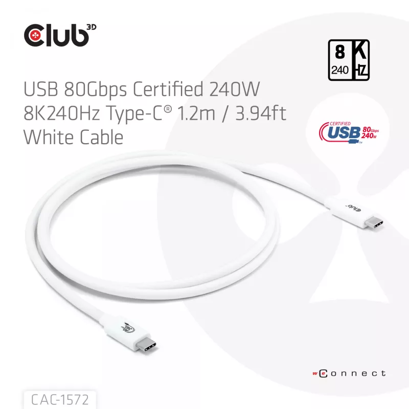 Club3D CAC-1572 USB 80 Gbps-gecertificeerde kabel, USB-C naar USB-C, 240 W PD, 8K240Hz, 1,2 m, wit