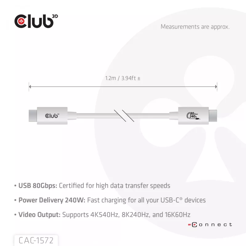 Club3D CAC-1572 USB 80 Gbps-gecertificeerde kabel, USB-C naar USB-C, 240 W PD, 8K240Hz, 1,2 m, wit