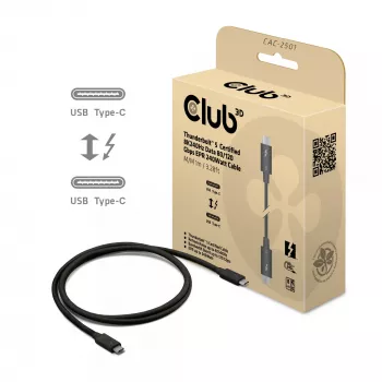 CLUB3D Thunderbolt™ 5 gecertificeerde kabel 8K240Hz data 80/120 Gbps EPR 240 Watt M/M 1m / 3,28ft
