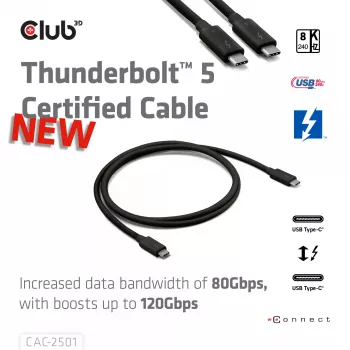 CLUB3D Thunderbolt™ 5 gecertificeerde kabel 8K240Hz data 80/120 Gbps EPR 240 Watt M/M 1m / 3,28ft